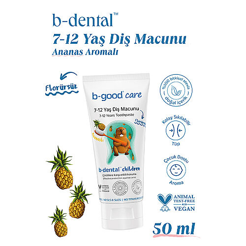 b-good b-dental 7-12 Yaş Çocuk Diş Macunu Florürsüz Ananas 50 ml - 3