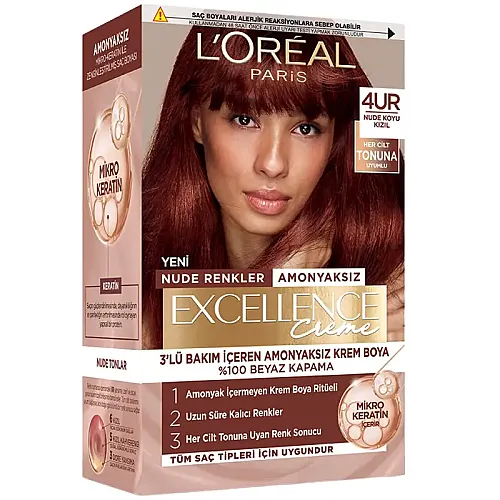 Loreal Paris Excellence Creme Nude Renkler Saç Boyası – 4UR Nude Koyu Kızıl - Loreal Paris