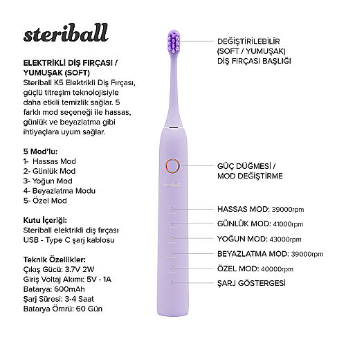 Steriball Elektrikli Diş Fırçası - Lila - 3