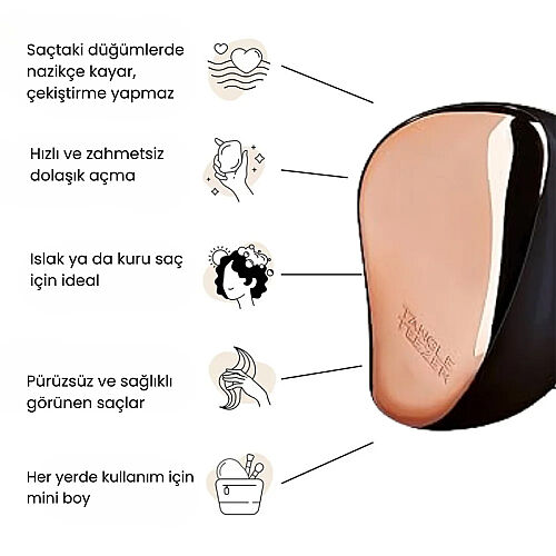 Tangle Teezer Compact Styler Rose Gold Black Saç Fırçası -Kıvırcık ve Düz Saçlar için Seyahat Boy Tarak - 3