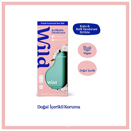 Wild Natural Stick Deodorant Kutu - Refill Fresh - Aqua Case -Fresh Cotton - Sea Salt 40 gr - Wild (1)